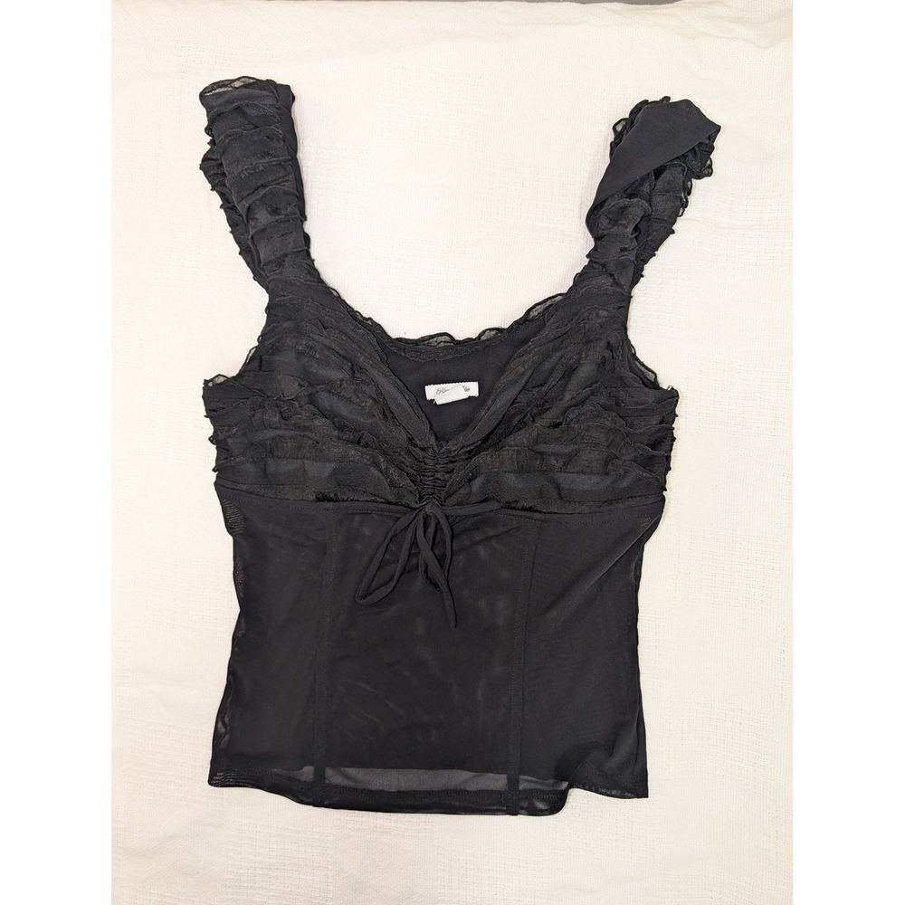 Kimchi Blue Black Sheer Mesh Ruffle Tank Top Women's M/L Ruched Tie Front - Picture 1 of 6